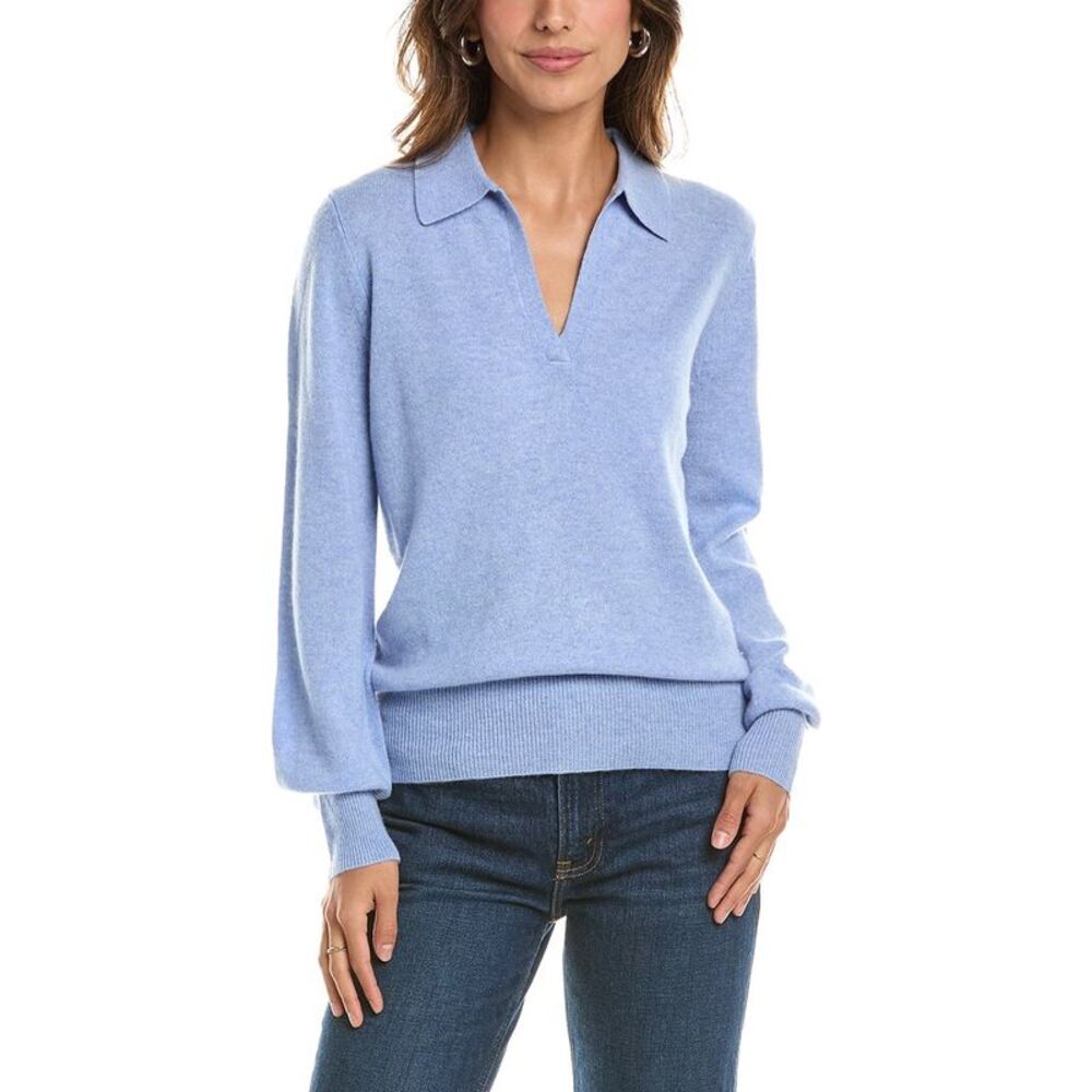 Forte Cashmere Womens  Split Neck 100% Cashmere Polo Sweater, Blue